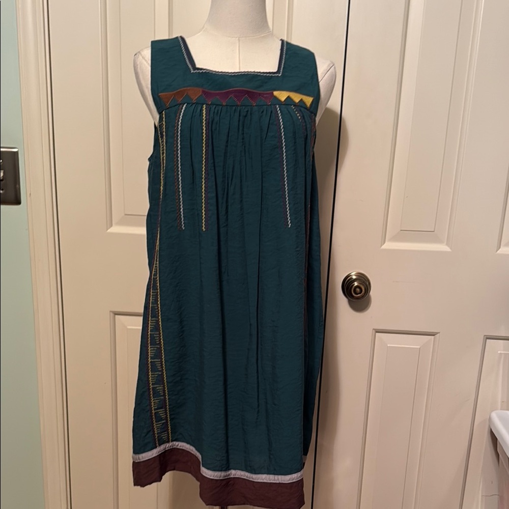 Teal Sleeveless Dress with Embroidery